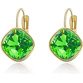YONVUN Austrian Crystal Square Drop Dangle Leverback Earrings | Plated 18K/Rose Gold Zircon Gemstone Birthstone Hoop Hanging Dangly Earrings Jewelry Gift for Wife Mom Daughter Girlfriend