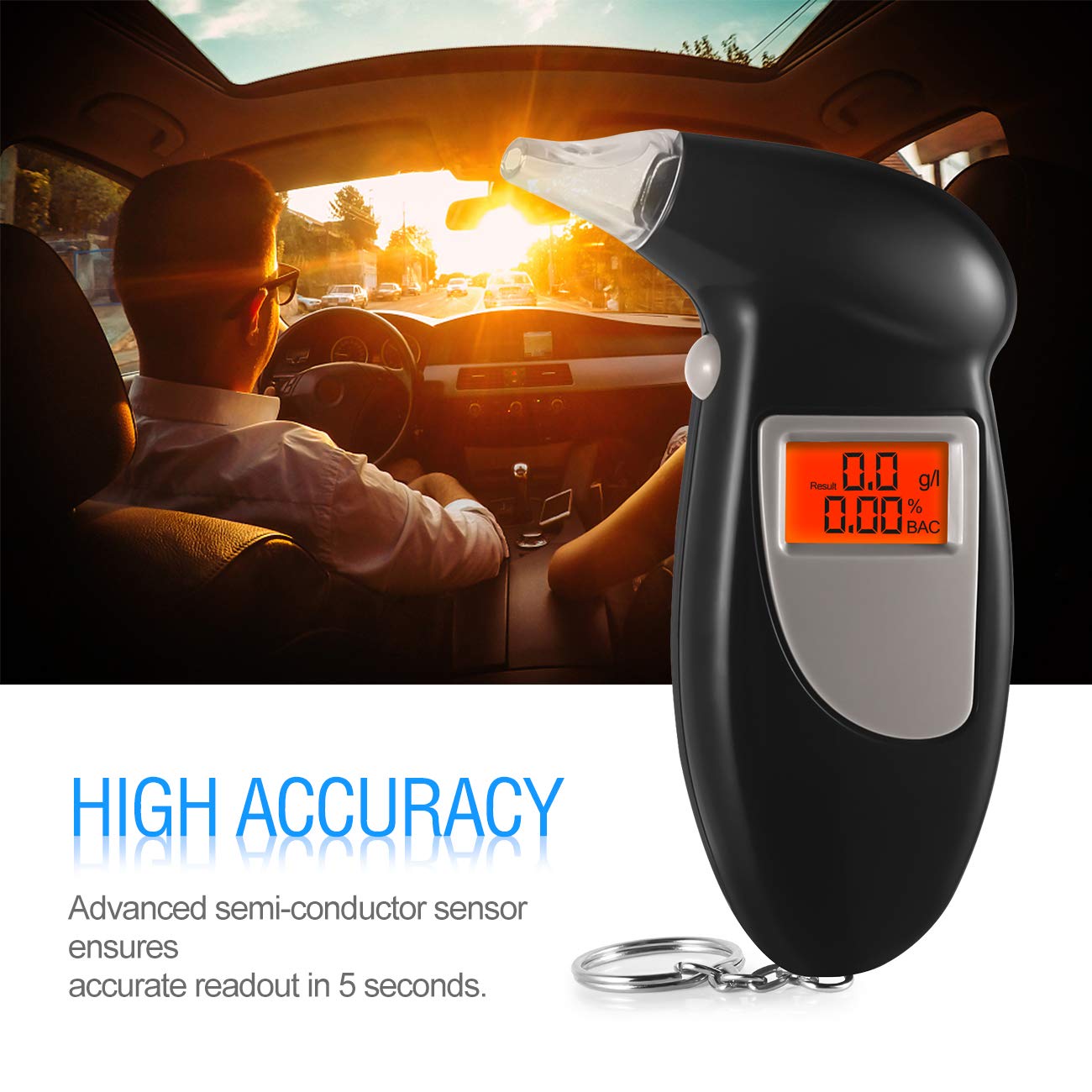 Breathalyzer, Portable Keychain Breath Alcohol Tester for Driver, HighlyAccurate Result Digital
