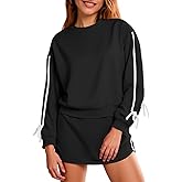 Fisoew Womens 2 Piece Outfits Casual Crewneck Tie Sweatshirt High Waisted Running Skort Skirts Workout Tracksuit Sets