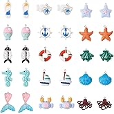 KISSITTY 30Pcs 15 Styles Summer Beach Charms Ocean Theme Resin Pendants Miniature Ocean Animals Charms with Iron Loops for DIY Necklace Bracelet Earring Jewelry Making Supplies