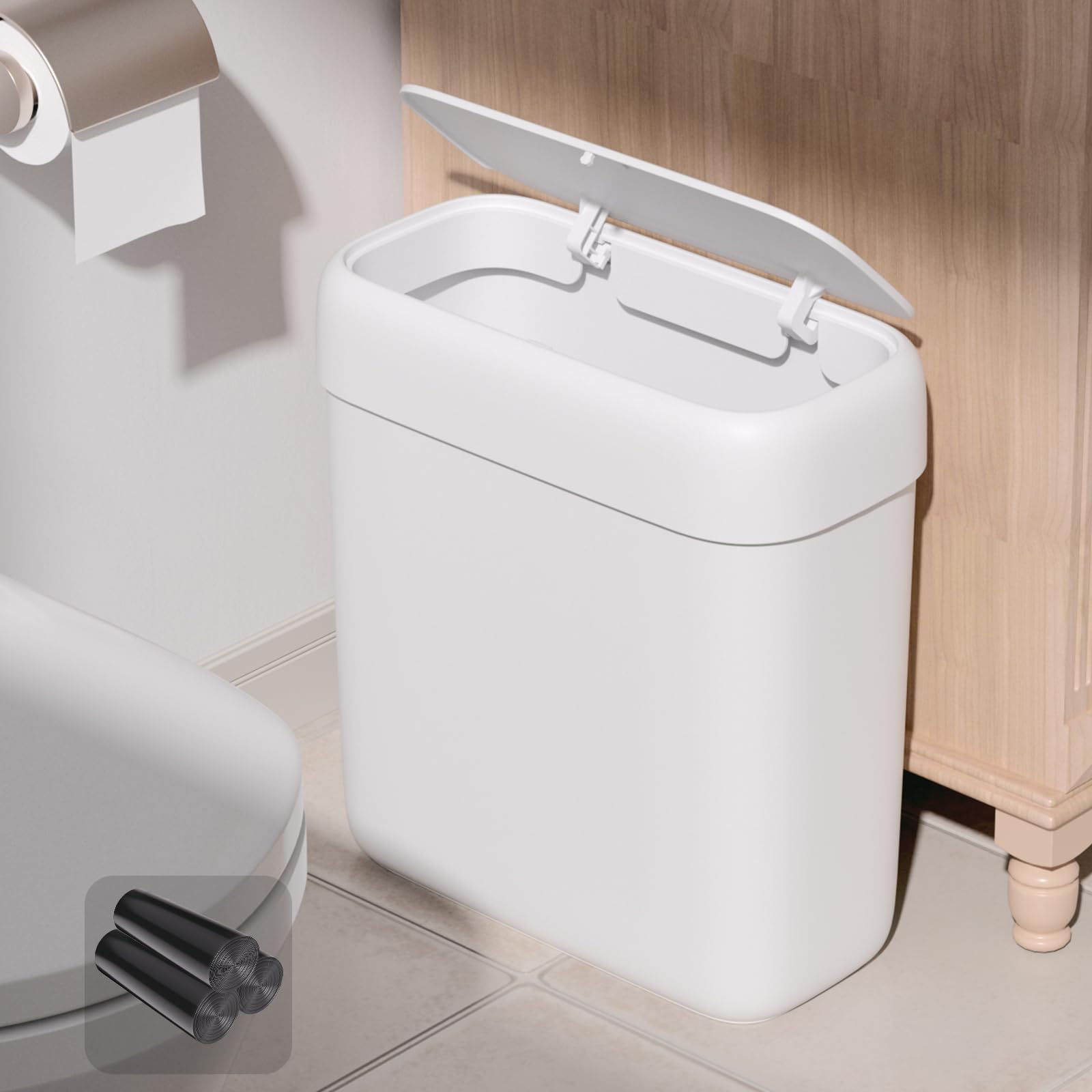 Photo 1 of O-MART Small Slim Bathroom Trash Can with Lid, Press Top, Pet Proof Odor Seal, No Battery, Narrow Garbage Bin for Home Office RV, 2.8 Gallon,White,with 3 Rolls of Trash Bags.