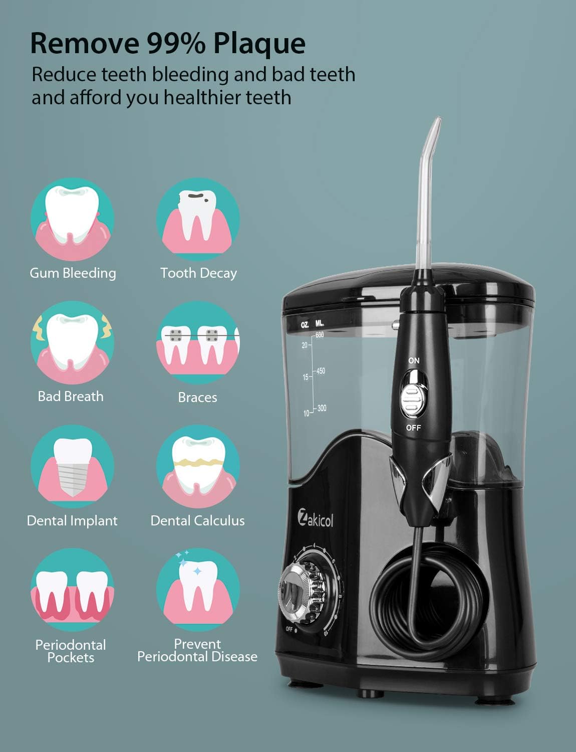 Zakicol Professional Water Flosser for Teeth/Braces, 600ml Countertop Dental Oral Irrigator Anti Leak, Electric Oral Floss Teeth Cleaner, 10 Adjustable Pressure, 7 Multifunctional Jet Tips for Family: Health & Personal Care