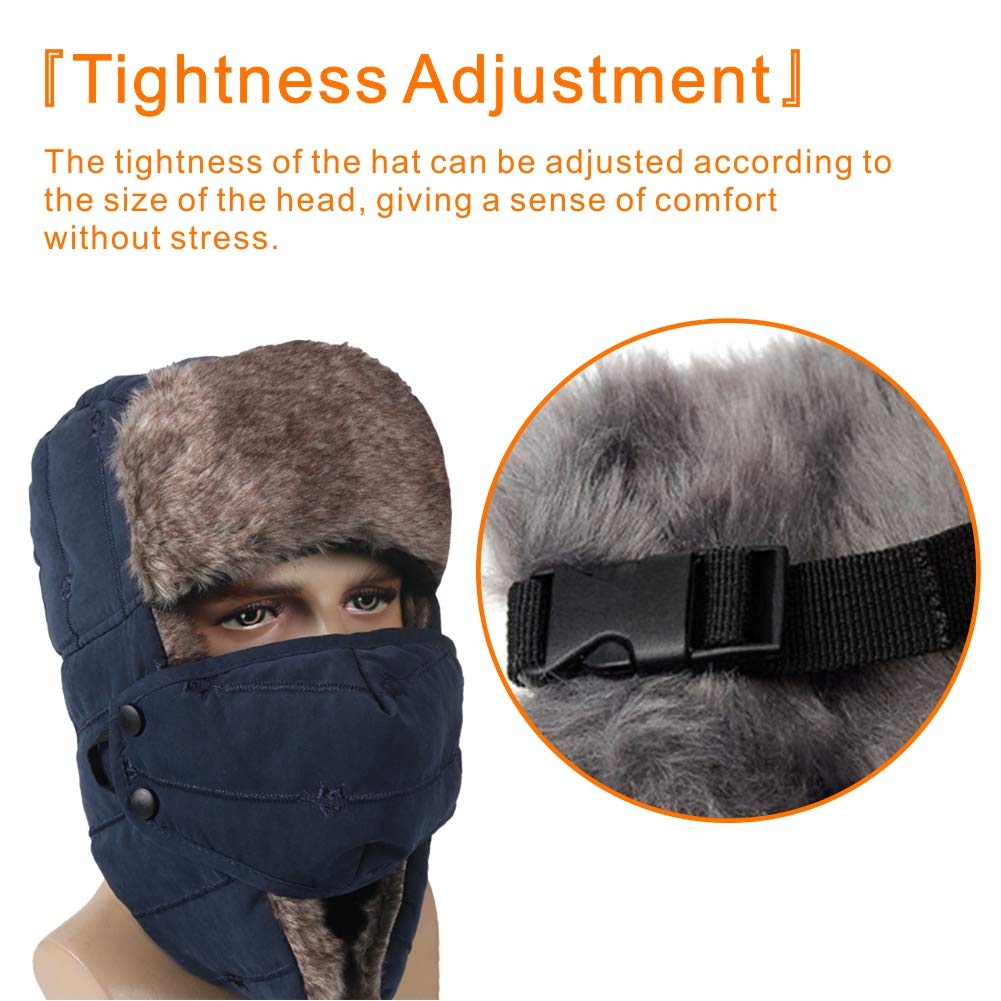 Winter Trapper Hat for Men Women Warm Ushanka Aviator Russian Windproof Hat with Mask,Blue