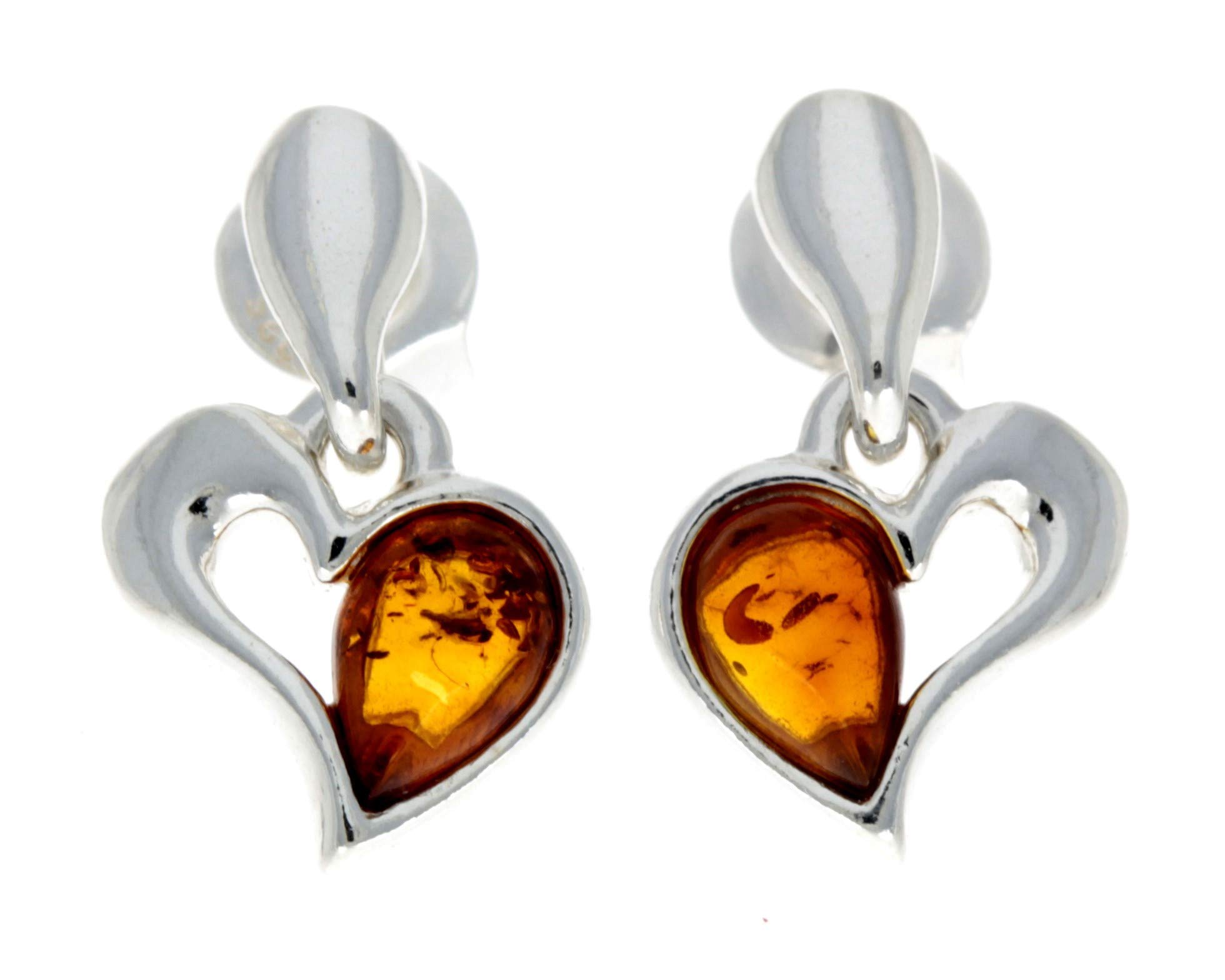 Classic Genuine Hearts Pear Cognac Baltic Amber and 925 Sterling Silver Studs Drop Earrings GL154