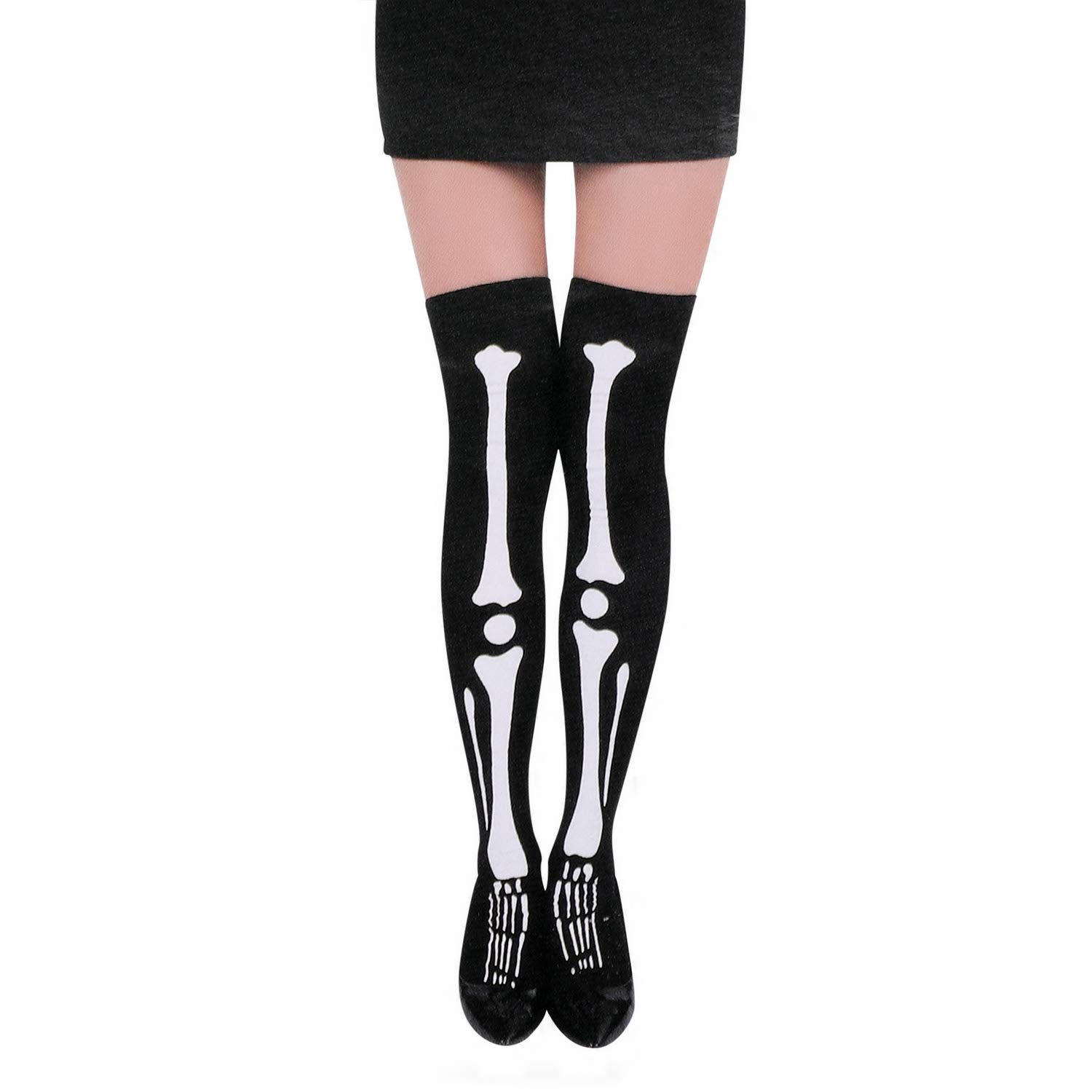Halloween Skeleton Stockings Scary Skull Bone Socks Over Knee Black Tights Hold UP Horror Zombie Ghost Costume Fancy Dress Accessory Props For Adults