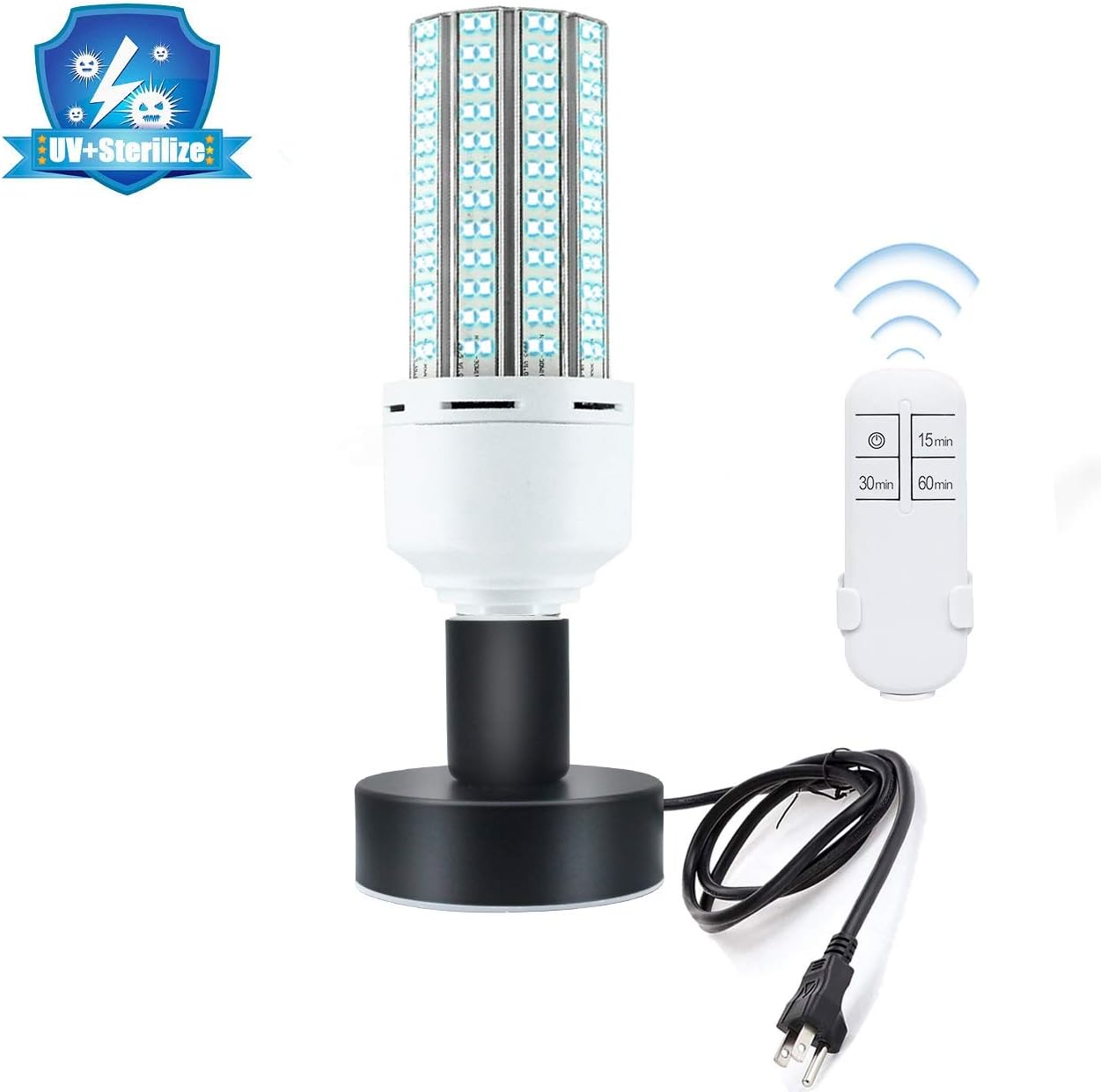 500W Equivalent UV Lights Lamp Led UVC Light Bulb E26/E27 with Base with Remote Control Suitable for Home Warehouse, Supermarket Restaurant,Office, School (with Base with Remote Control)
