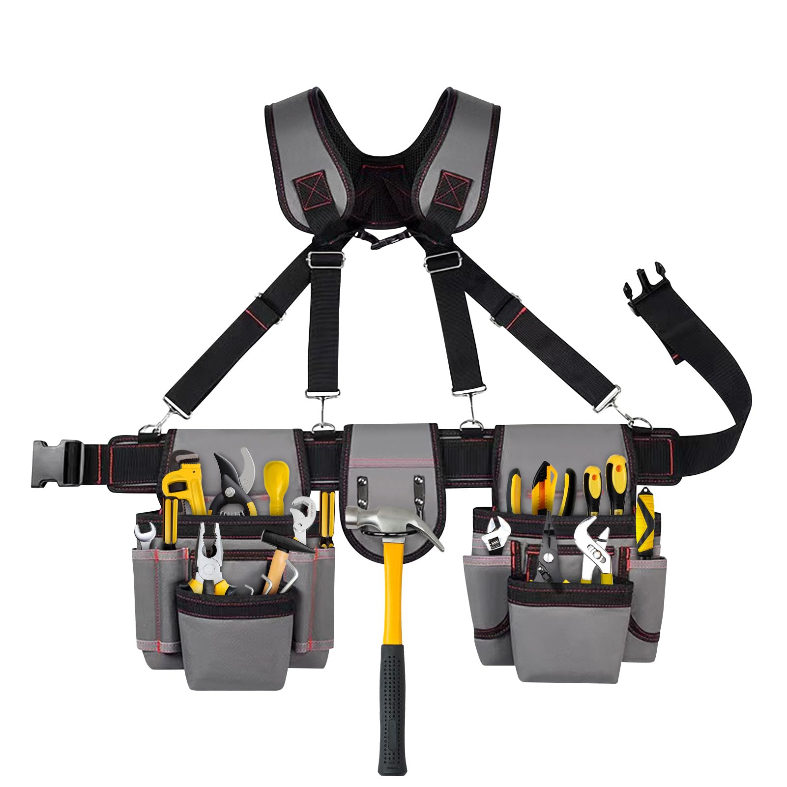 Carpenter Tool Belt Tool Belt with Suspenders Multi Pockets Tool Pouch Adjustable Tool Bag with Suspenders Pockets, Lightweight 600D Oxford Cloth Construction Utility Belt