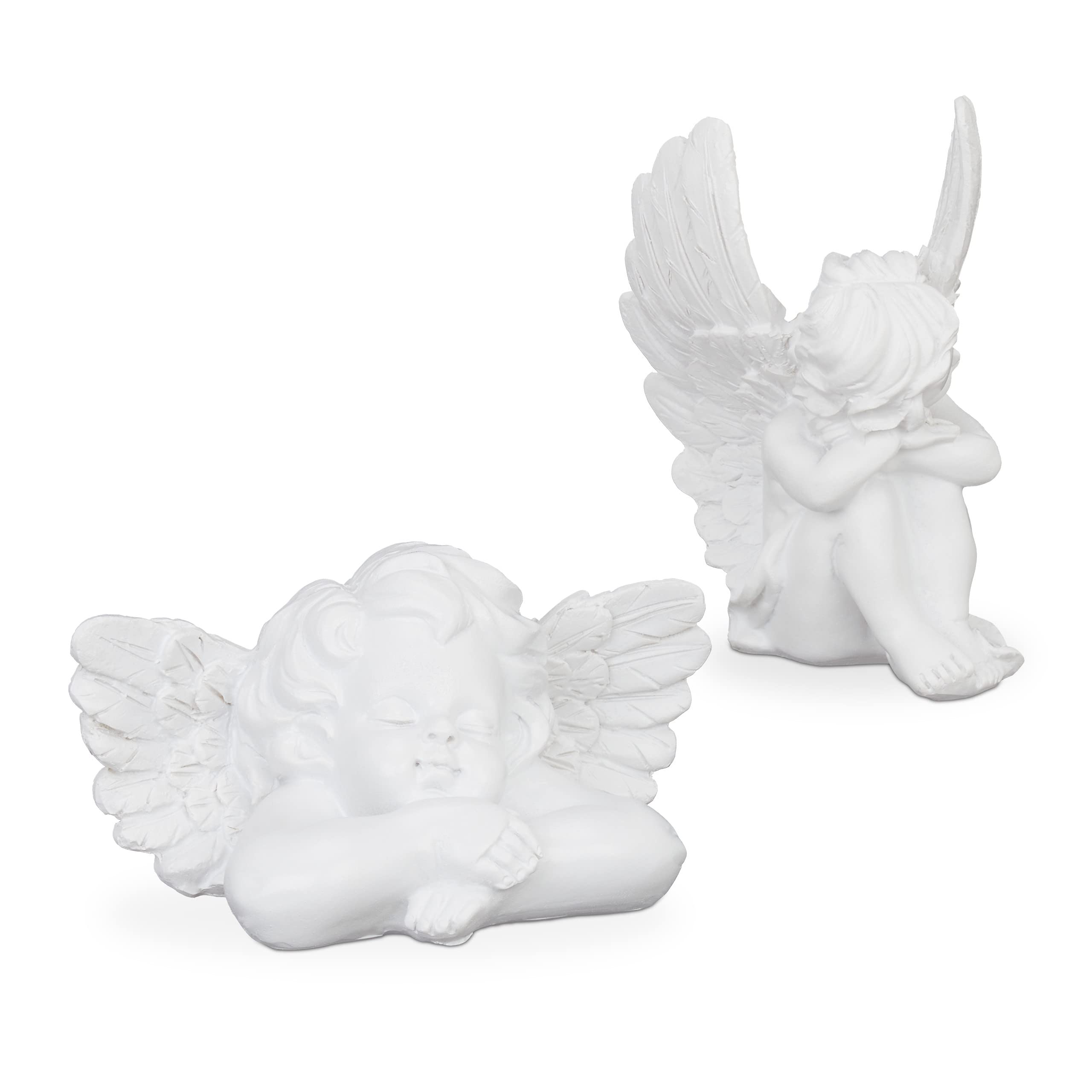 Relaxdays Set of 2 Angel Sculptures, Graceful, Weatherproof, Grave Decoration, 6 x 12.5 x 7.5cm, Artificial Stone, White