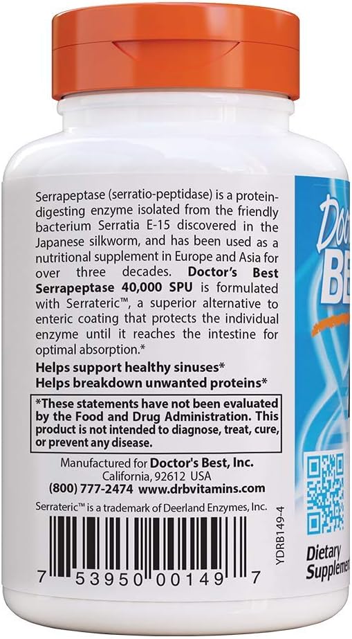 Doctor's Best Serrapeptase, Non-GMO, Vegan, Gluten Free, Supports Healthy Sinuses, 40,000 SPU, 90 Count (Pack of 1): Health & Personal Care