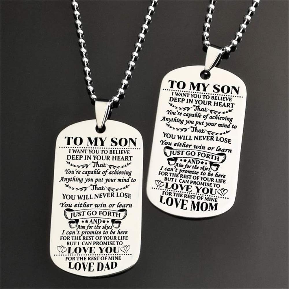 Jvvsci Dad Mom to Son Dog Tag I Want You to Believe Deep in Your Heart Inspirational Message Pendant Necklace Birthday Jewelry Gift for Boys Teen (mom to Son): Clothing
