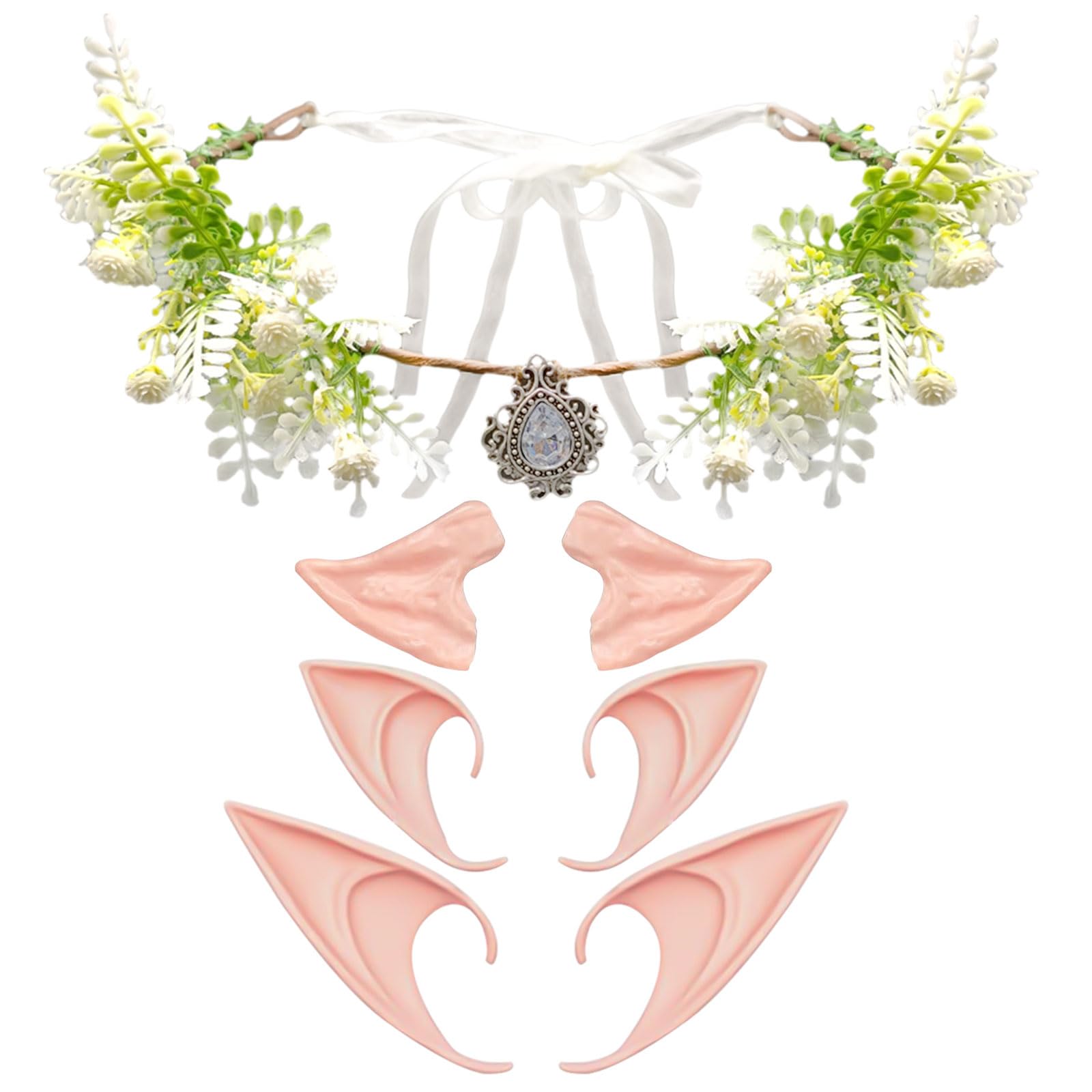 EUPSIIU Flower Crown Headband Fairy Headpiece Costume 3 Pairs Elf Fairy Ears, Princess Costume Fancy Cosplay Dress Up for Adult Kids Women Girls Halloween (Elf)