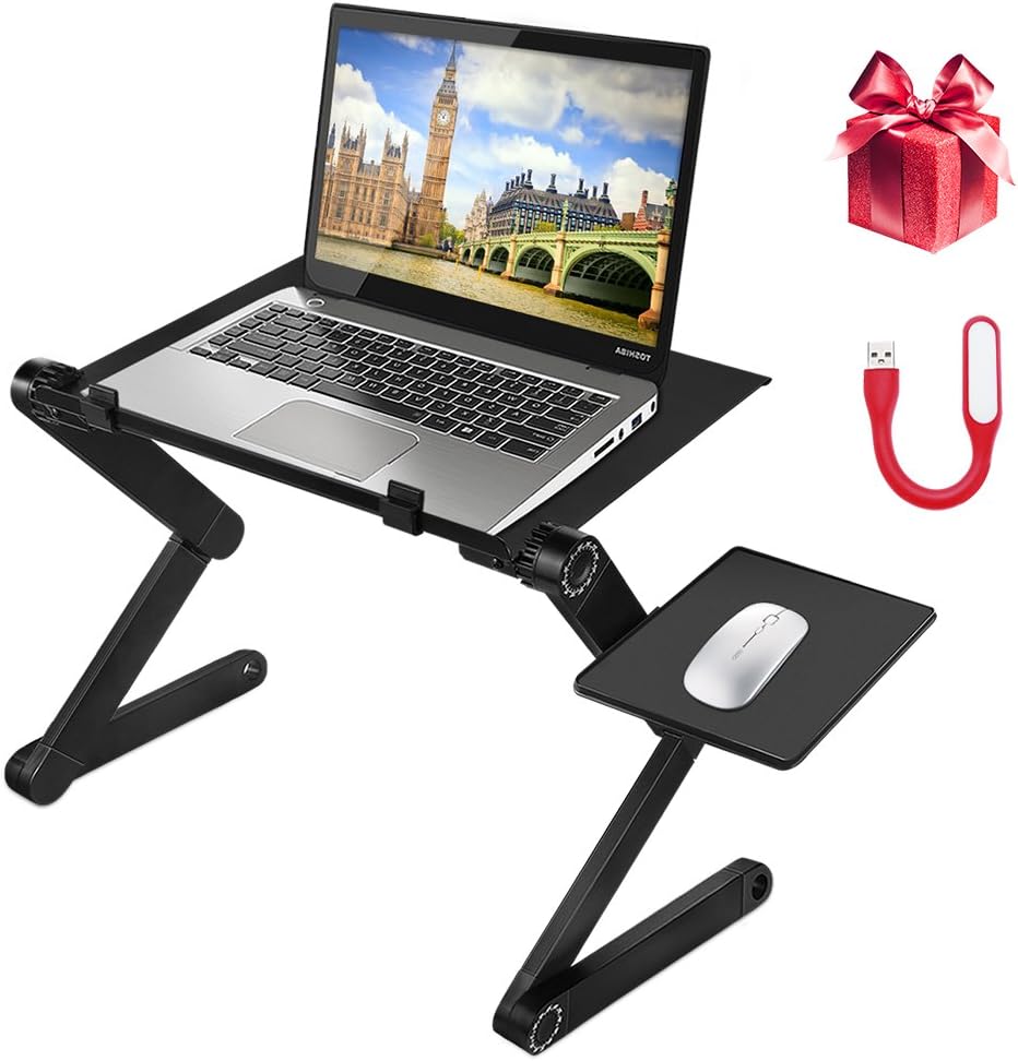 Krbp Adjustable Laptop Stand, Portable Aluminum Laptop/Computer/Lap Table Desk Tray for Bed/Sofa/Couch/Office, Ergonomic Design with 2 CPU Cooling Fans and Mouse Pad (Black)