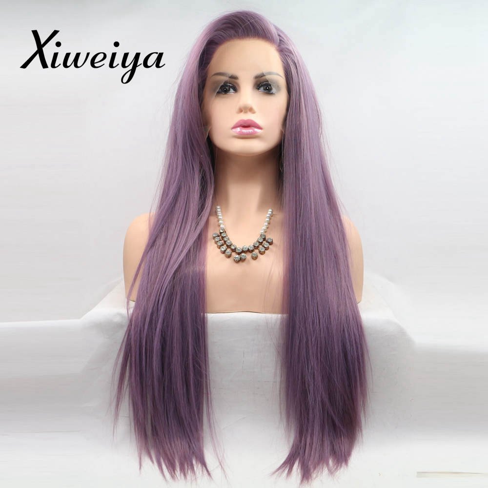 Xiweiya Purple Lace Front Wig - Long Straight Purple Wig with Heat Resistant Fiber - Side Part, 24 inch
