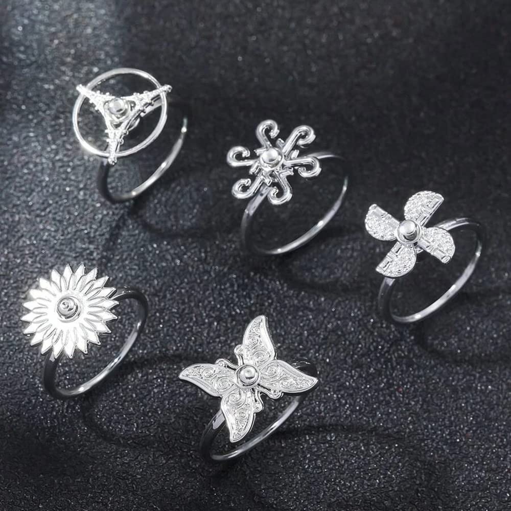 5 pcs Random Assorted Butterfly & Flower Pattern Rotating Ring Set For Women
