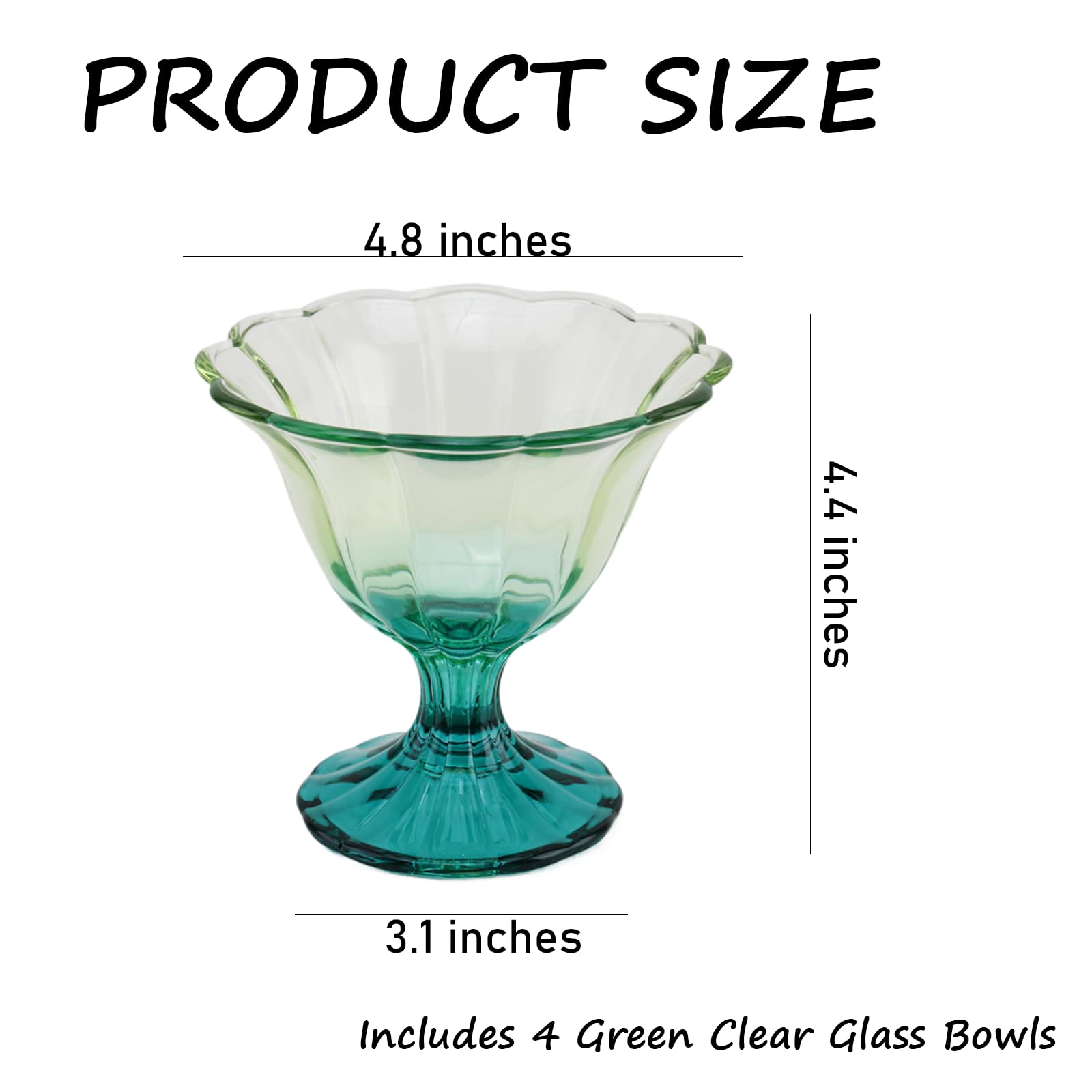 Glass Dessert Bowls 10 Oz Set of 4 Ice Cream Cups Footed Bowl Green Clear Drinking Cup for Sundae, Dessert, Candy, Fruit, Ice Cream, Snack Pudding