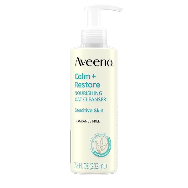 AVEENO CALM + RESTORE FACIAL CLEANSER FOR SENSITIVE SKIN, HYDRATING GENTLE MILKY FACE CLEANSER WITH NOURISHING OAT AND FEVERFEW, HYPOALLERGENIC FORMULA, FRAGRANCE FREE, 7.8 FL OZ
