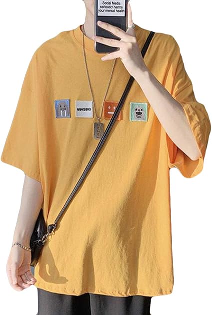 Amazon Alhyla夏 Tシャツ メンズ ファッション 韓国風 トップス上着 男性 半袖 カットソープルオーバー 体型カバー スリム ロングｔ メンズ カジュアル 涼しい 通気イエローbs2 Tシャツ カットソー 通販