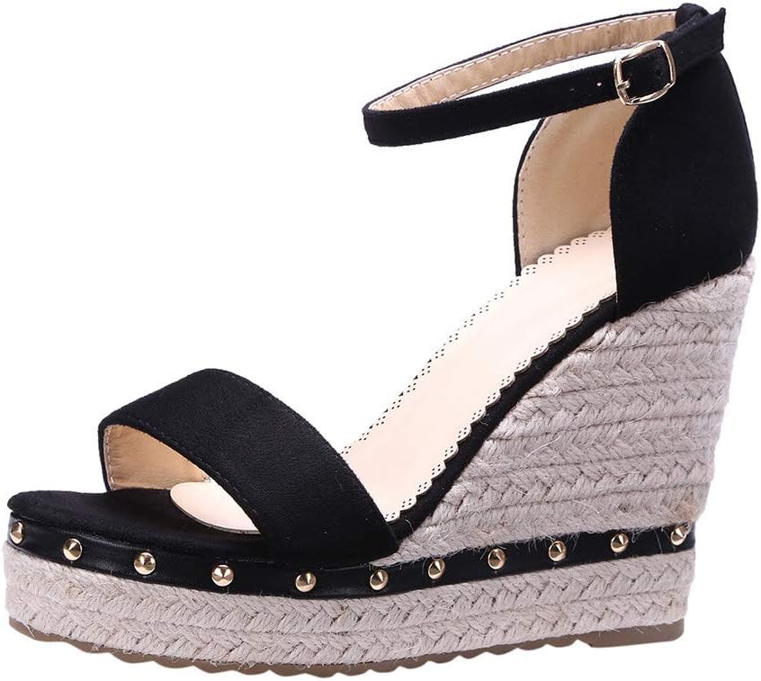 Sandals Women Espadrille Rivet Open-Toes Wedge Buckle High Heel Beach Ladies Shoes