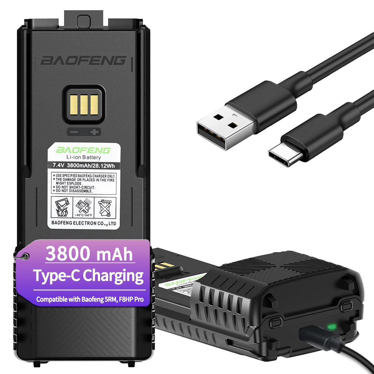 Photo 1 of BAOFENG AR-5RM Battery Rechargeable 3800mAh Extended Battery Compatible with BF-F8HP PRO UV-5RH PRO GPS,UV-5G Plus,5RM GM-5RH GMRS USB-C Charger for Ham Radio Handheld Walkie Talkies Accessories