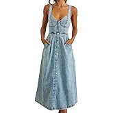 Women's Summer Casual Button Down Denim Dress Sleeveless Slim Fit Midi A-Line Jean Dress