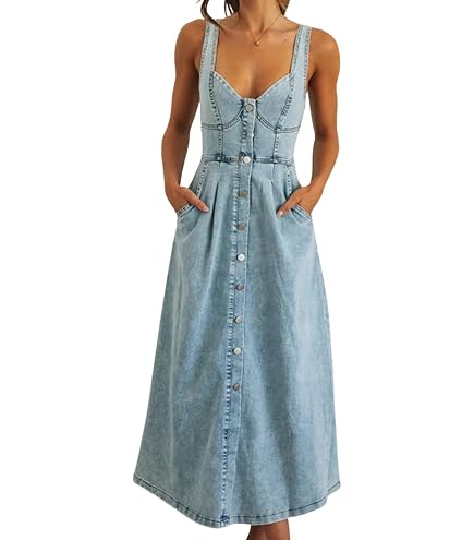 ebossy Stretchy Smocked Denim Dress for Women Sleeveless Babydoll Button Down Midi Long Jean Dresses (XS, Blue) at Amazon Women's Clothing store
