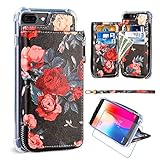 iPhone 8 Plus Wallet Case,iPhone 7 Plus Wallet Case,MISSCASE Premium PU Leather Card Holder Case with Strap,Zipper Pockets,Flower Pattern Cover for iPhone 7 Plus/ 8 Plus / 6 Plus 5.5