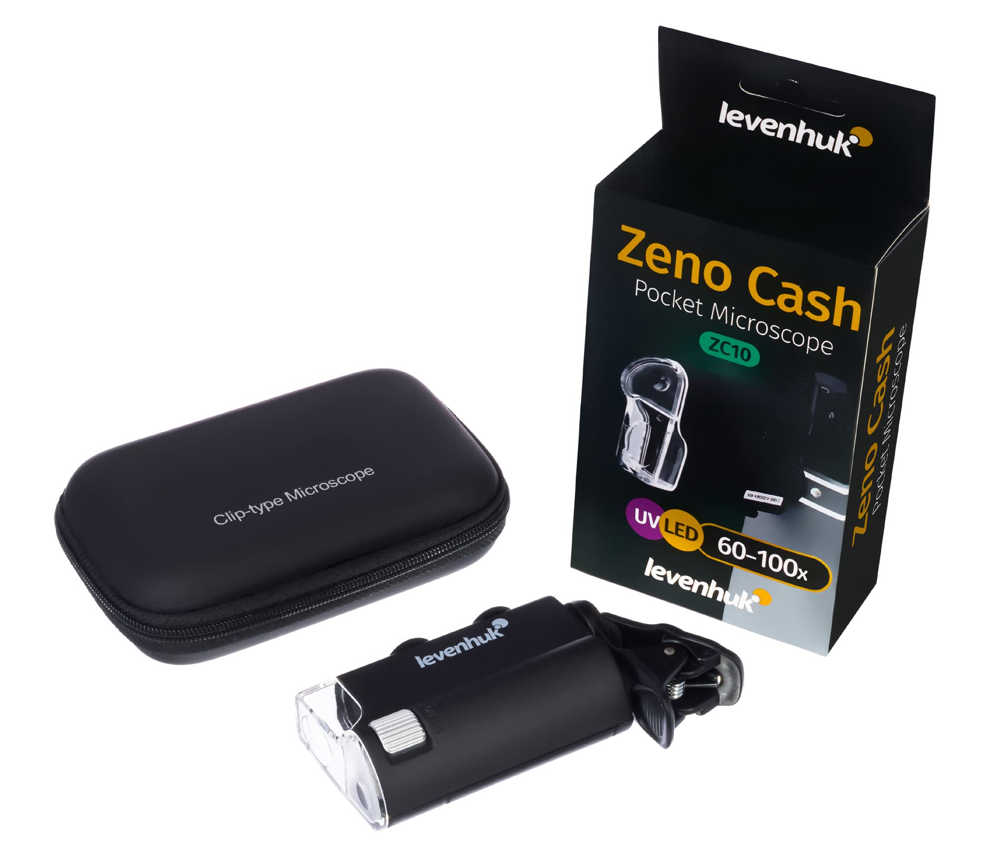 Levenhuk Zeno Cash ZC10 60-100x LED & UV Educational Clip-on Pocket Field Mini Microscope for Kids, Students and Professional Usage, Compatible with iPhone and Android