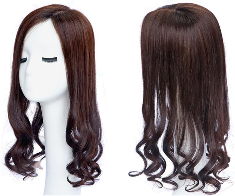Susanki 5"x 6" Silk Base Human Hair Toppers Wavy Hairdo Clips in Crown Hair Pieces for Women with Thinning Hair, 12" Dark Brown