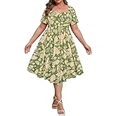 RITERA Plus Size Dresses for Curvy Women Boho Summer Midi Dress Sweetheart Neck Short Sleeve Dresses Empire Waist with Pocket