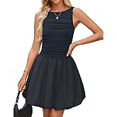 ZESICA Womens Summer Sleeveless Bubble Mini Dress 2026 Boat Neck Ruched A Line Short Cocktail Party Dresses