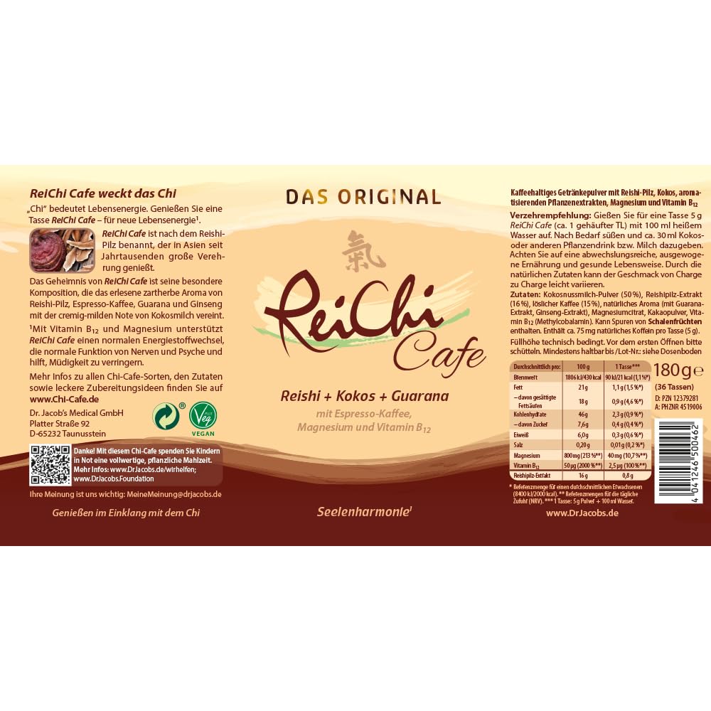 Veganer ReiChi Cafe von Dr. Jacob's I mit Reishi-Pilz I Guarana, Ginseng Extrakt I mit Magnesium, Vitamin B12, löslicher Kaffee I Vitalpilz Rei-Chi Kaffee 180 g Dose I 36 Tassen 6