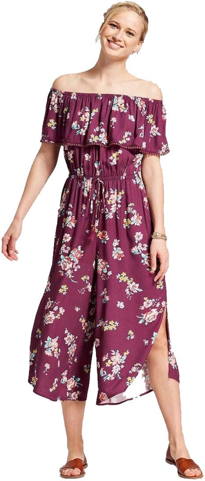 off shoulder floral print flounce sleeve jumpsuit