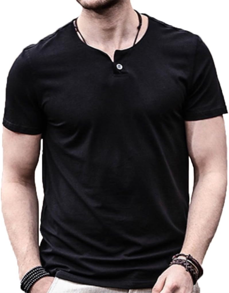 Men's Casual Slim Fit Single Button Long Sleeve Placket Plain Henley Top T Shirts