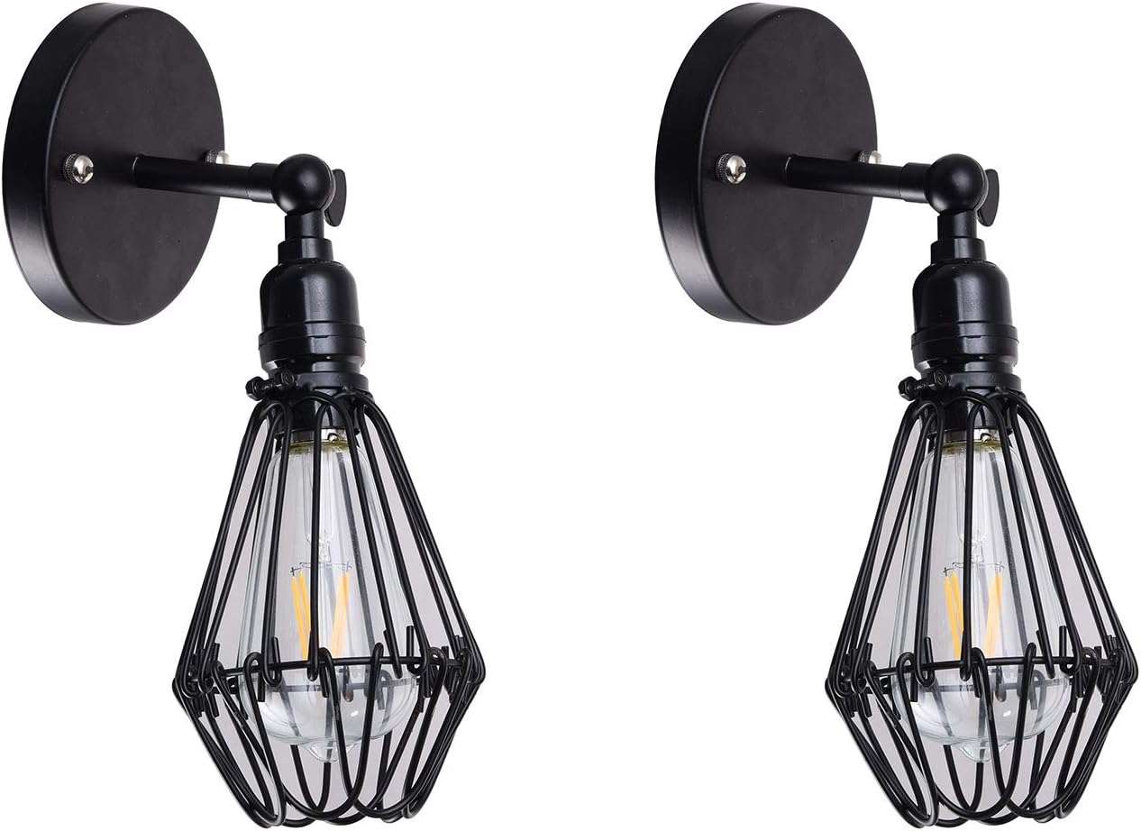 CEENWE Wire Cage Industrial Wall Sconce Plug-in Wall Light Shade Vintage Style Edison E26 Base with Dmmer Switch for Headboard Bedroom Garage Porch Light (2 Packs)