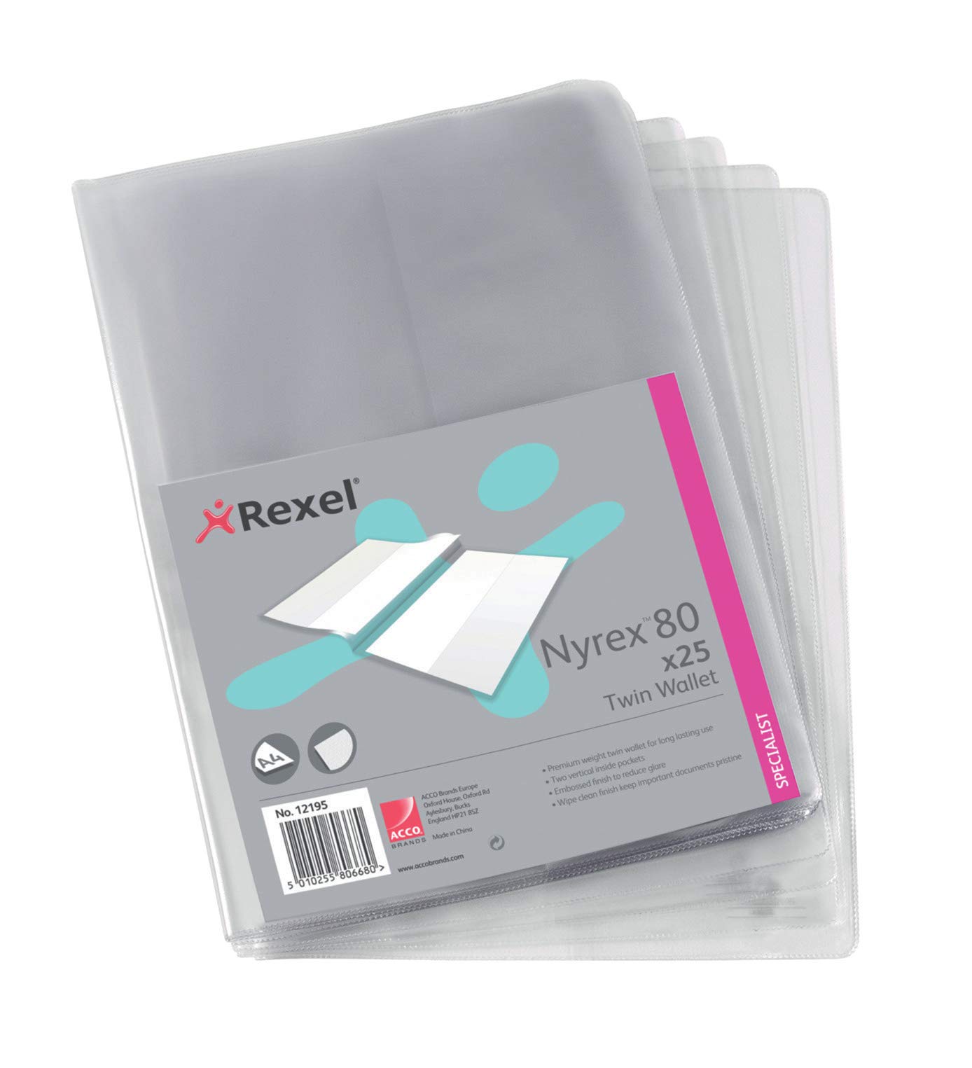 Rexel Nyrex Premium Twin A4 Document Folders, Glass Clear, 100mic, L-Folder, Pack of 25, 12195