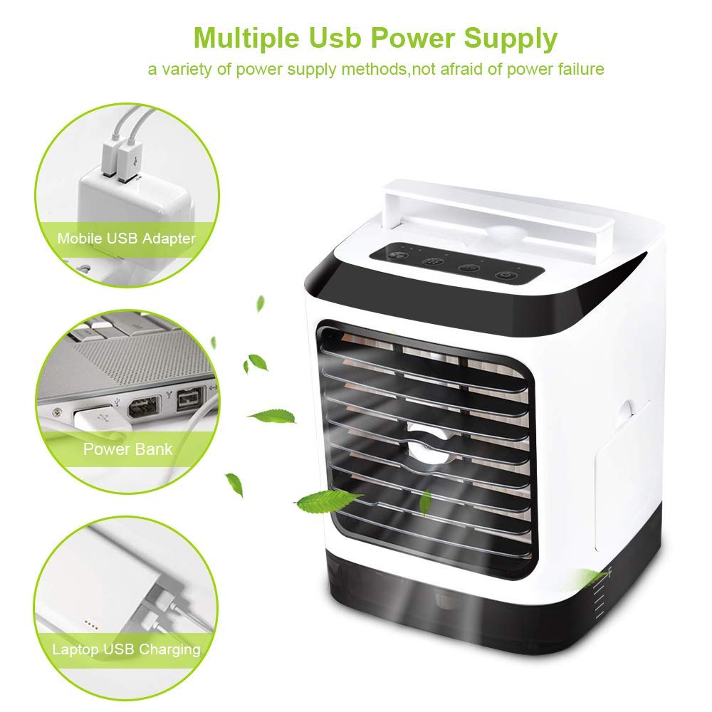 Climatizzatore portatile KKCITE, Mini dispositivo di raffreddamento dell\'aria personale 4 in 1, umidificatore, purificatore e ventola di raffreddamento desktop evaporativo, USB a 7 colori ultra-silenziosi Luce a LED per casa, ufficio