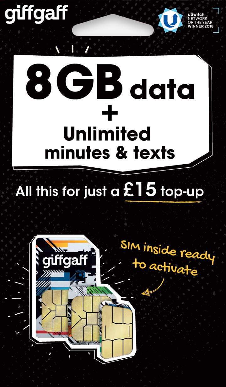 Giff Gaff Sim Card with 8GB Data and Unlimited Minutes and Texts, No Contract (£15.00 Top-Up Upon Activation Required)