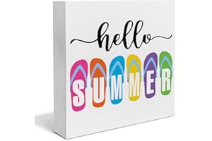 HEIJIE Colorful Flip Flop Wood Box Sign Desk Decor Hello Summer Wood Block Sign Decor for Home Beach Party Shelf Wall