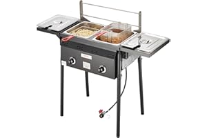 VEVOR Outdoor Propane Deep Fryer, Double Burners Commercial Fryer, 16 Qt Stainless Steel Cooker with Removable Baskets & Lids & Tanks, Oil Fryer Cart with Thermometer & Regulator, For Outdoor Cooking