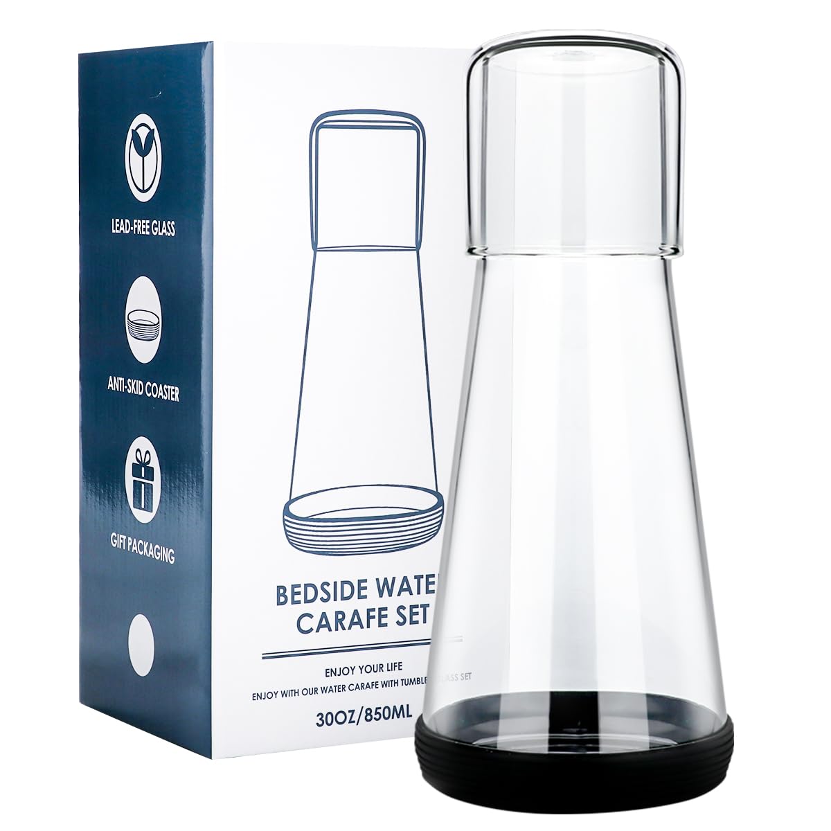 Quyimy Bedside Water Carafe with Glass,Water Carafe Set with Tumbler Glass for Nightstand Bedroom Bath,Night Clear Carafe with Cup & Black Silicone Coaster for Mouthwash,Water,Juice,(30 oz/850ml)