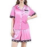 Night Poem Satin Pajamas for Women Set - Silk Shorts Pjs Soft Short Sleeve Button Down with Lace Trim Sleepwear (Eye Mask)