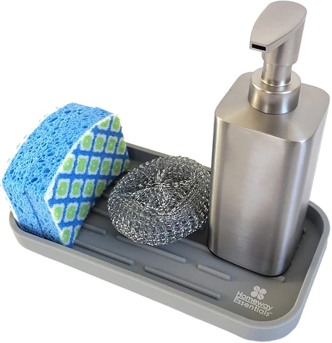 Sponge Holder - Large Kitchen Sink Organizer Tray - Holds Sponges, Soap Dispenser, Scrubber, Dishwashing Accessories. Non-slip, Multipurpose use Silicone Tray for Kitchen and Bathroom