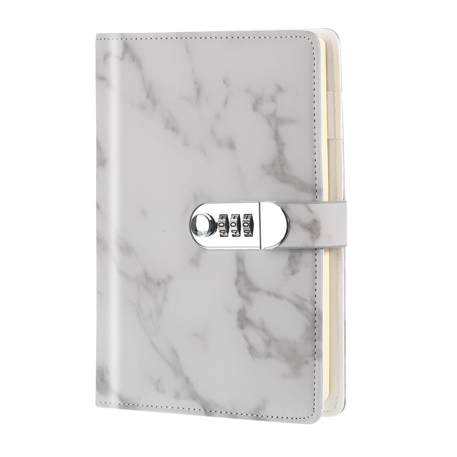 PATIKIL A5 Diary with Lock, 1pcs Journal with Lock Cute Journaling Leather Notebook Journal 100 Pages Marble Diary with Pen Slot Card Slot for Women Men, Grey