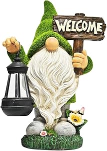 LUOZZY Garden Gnome Statue Welcome Sign Yard Gnome with Solar LED Lights Resin Figurine for Outdoor Patio Garden Decor