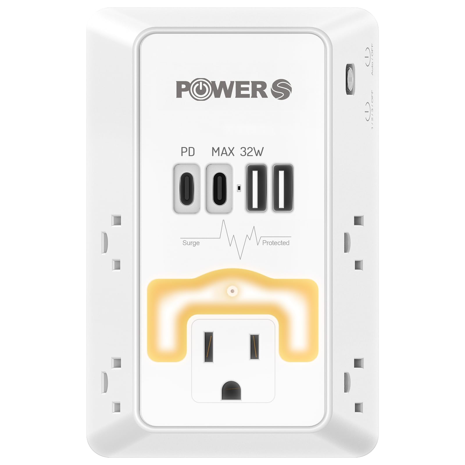 Photo 1 of 20W PD Fast Charging Wall Outlet with USB Ports (2C2A), Electrical Outlet Extender with Night Light, Surge Protector, Wall Plug Adapter for Multiple Devices, Wall Socket Expander