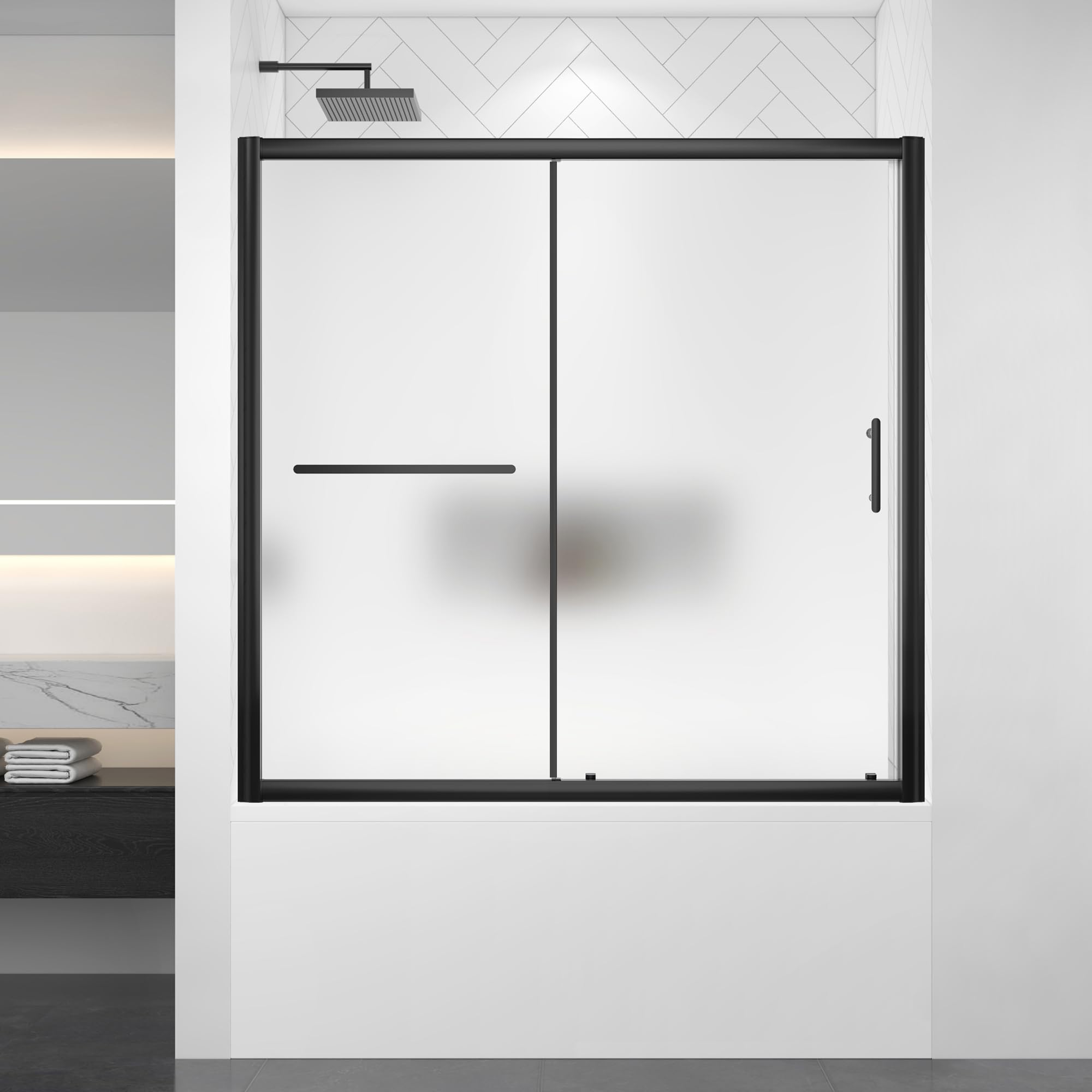 Photo 1 of FELYL 56-60" W x 58" H Bathtub Semi-Frameless Single Sliding Tub Shower Door with 1/4" (6mm) Frosted Ultra-Clear Tempered Glass in Matte Black Finish, Reversible Installation