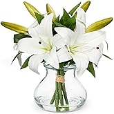 Artificial Flowers Tiger Lily Real Touch with Vase Easter Lily White Lilies Silk Faux Flowers Arrangements in Glass Vase with Faux Water Easter Decor Fake Floral Bulk Bouquet for Office Home Decor