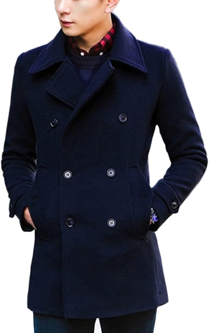 Amazon Sheya ピーコート メンズ コート 細身 ジャケット コーデ カジュアル シンプル 無地 キレイめ メンズ スリム アウター アウター 黑 ネイビー L コート ジャケット 通販