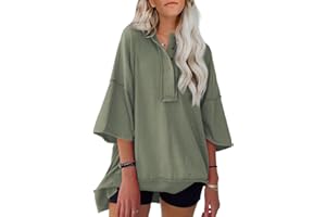 AlvaQ Womens Oversized Short Sleeve Sweatshirt Summer Casual Loose Button Down Henley V Neck Pullover Tunic Tops Shirts