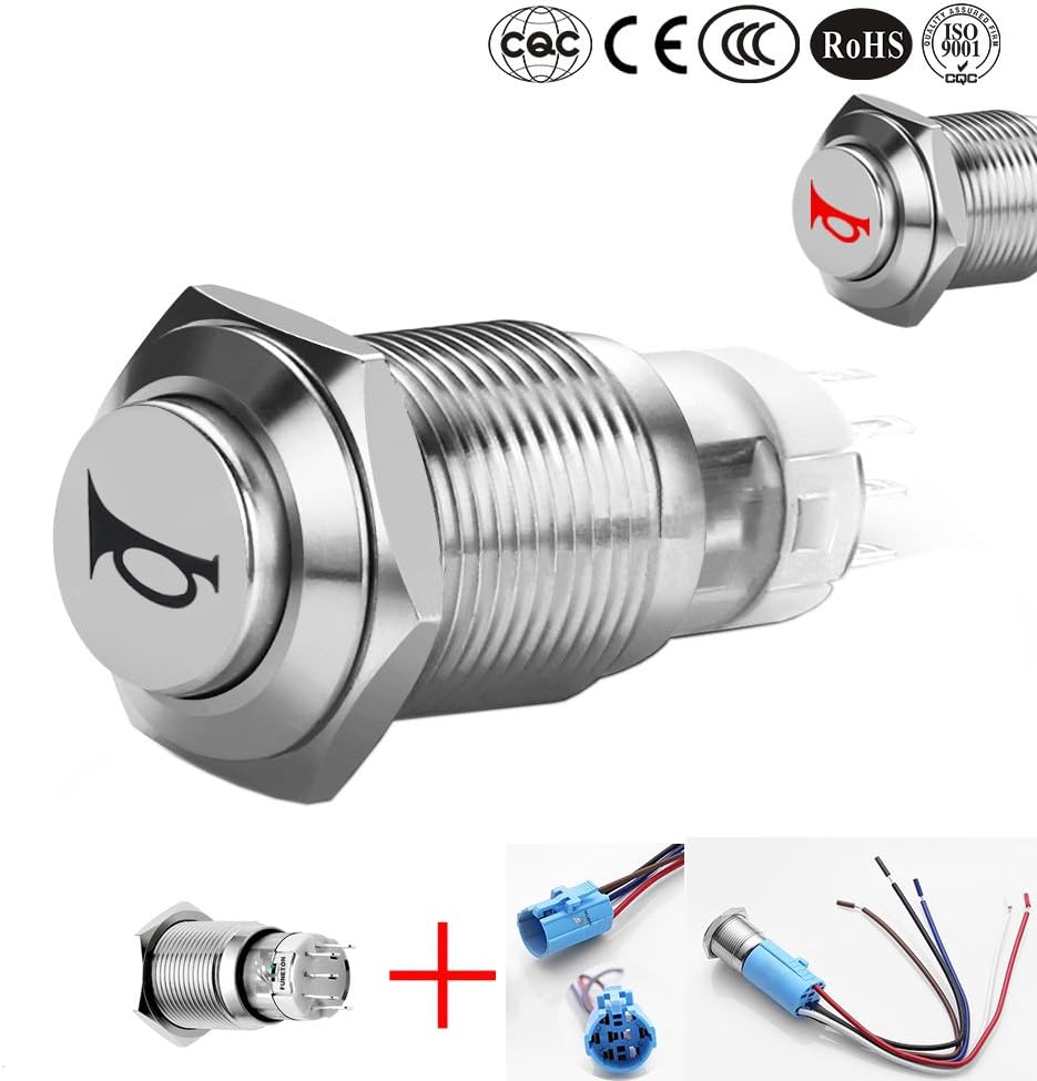 XINGHAO 12V 5A Car Vehicle Red LED Light Momentary Speaker Horn Push Button Metal Switch 19mm 5Pin (Red)